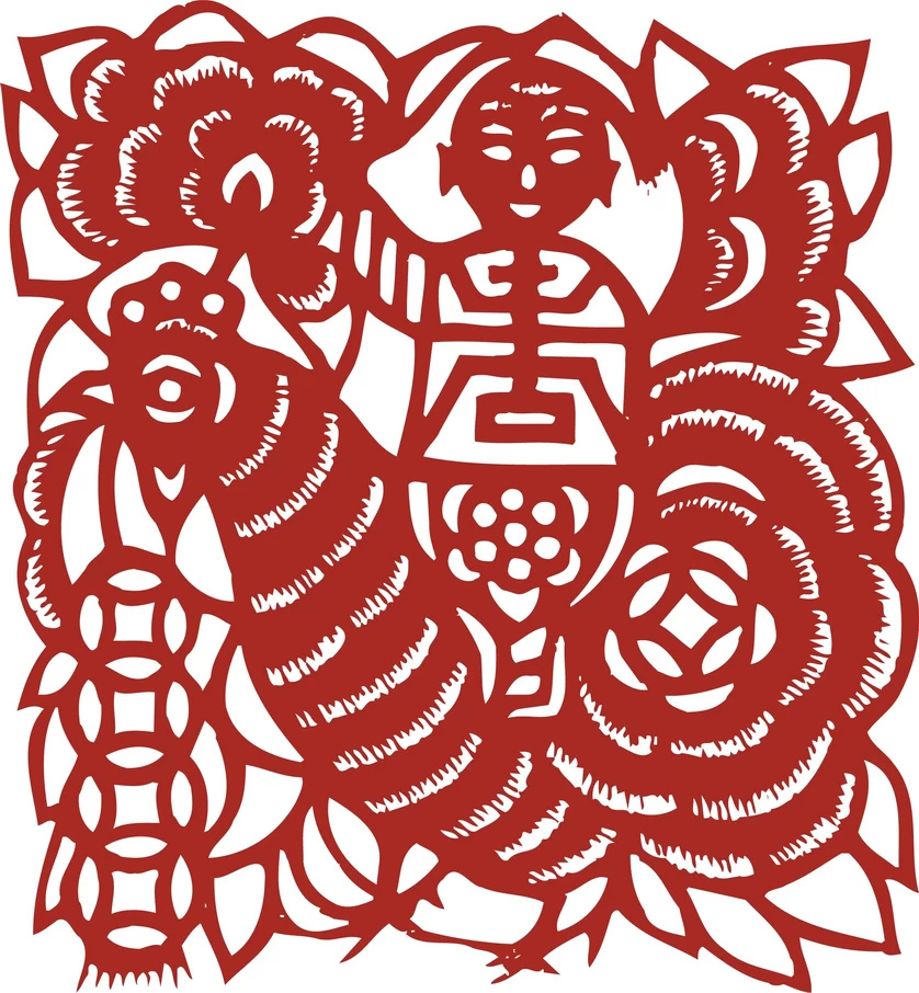 中国风中式传统喜庆民俗人物动物窗花剪纸插画边框AI矢量PNG素材【1624】